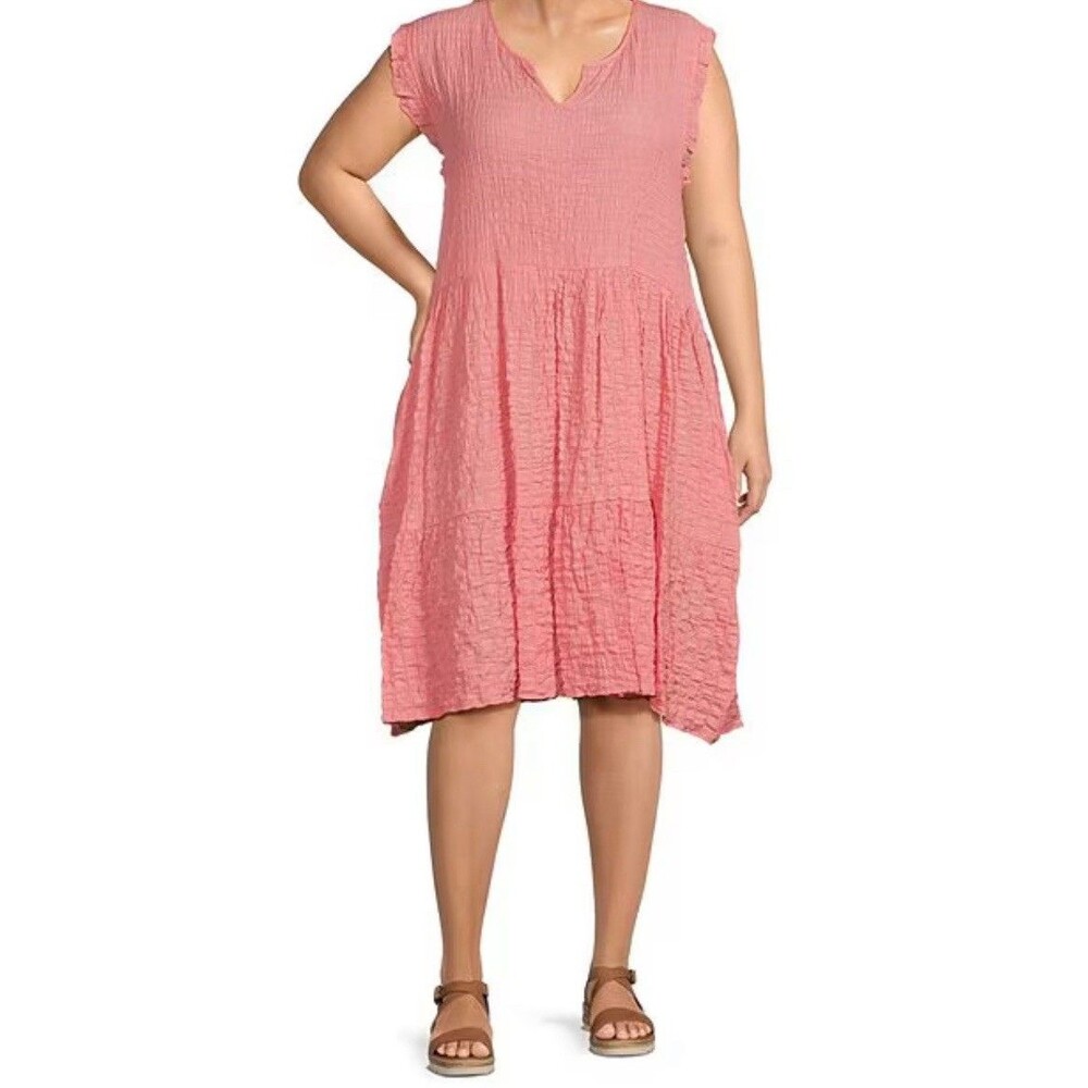 Nurture Westbound NEW 2X Boho Pink Swing‎ Gauzy Dress V Neck Sleeveless Pockets